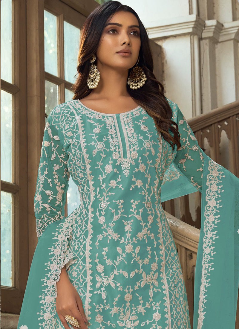Vegaa Fashion Aqua Blue Premium Net Embroidered Traditional Palazzo Suit - Distacart