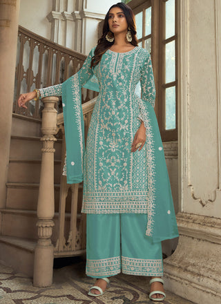 Vegaa Fashion Aqua Blue Premium Net Embroidered Traditional Palazzo Suit