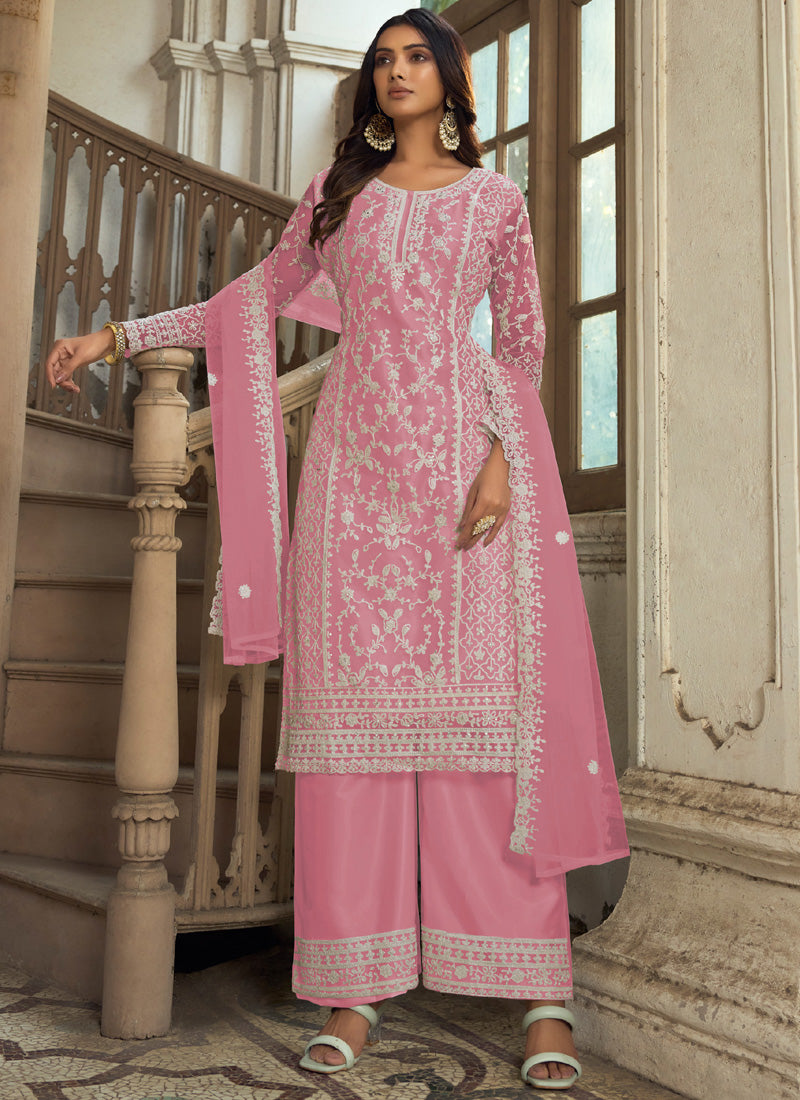 Vegaa Fashion Pink Premium Net Embroidered Traditional Palazzo Suit - Distacart
