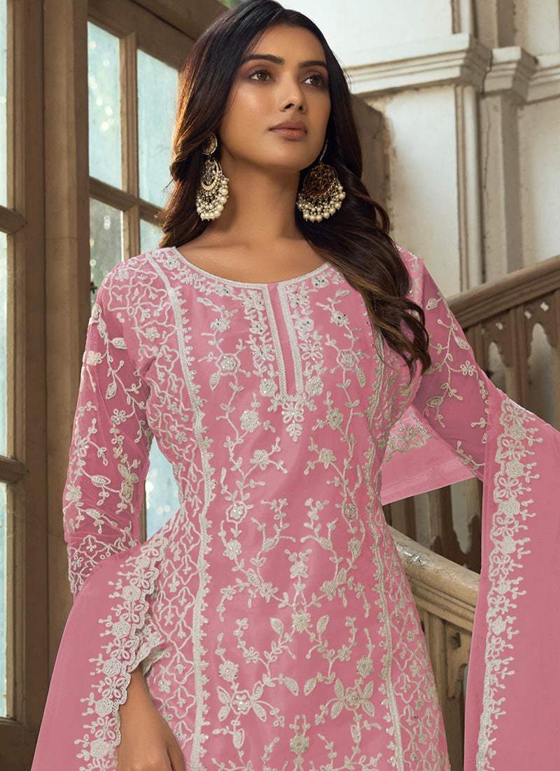 Vegaa Fashion Pink Premium Net Embroidered Traditional Palazzo Suit - Distacart