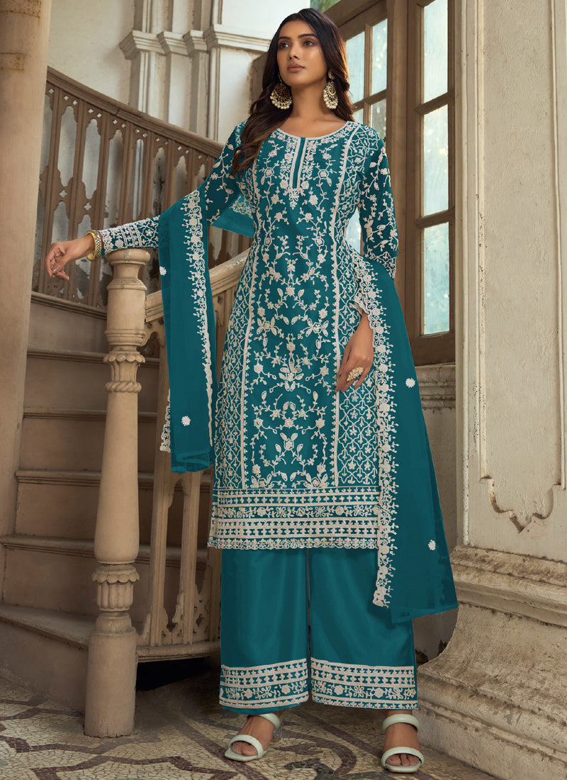 Vegaa Fashion Teal Premium Net Embroidered Traditional Palazzo Suit - Distacart