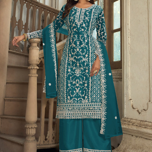 Vegaa Fashion Teal Premium Net Embroidered Traditional Palazzo Suit - Distacart