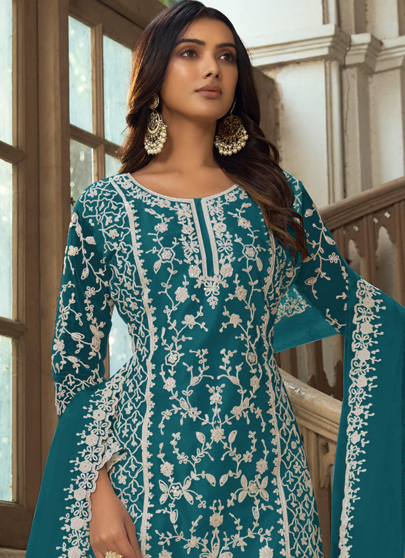Vegaa Fashion Teal Premium Net Embroidered Traditional Palazzo Suit - Distacart