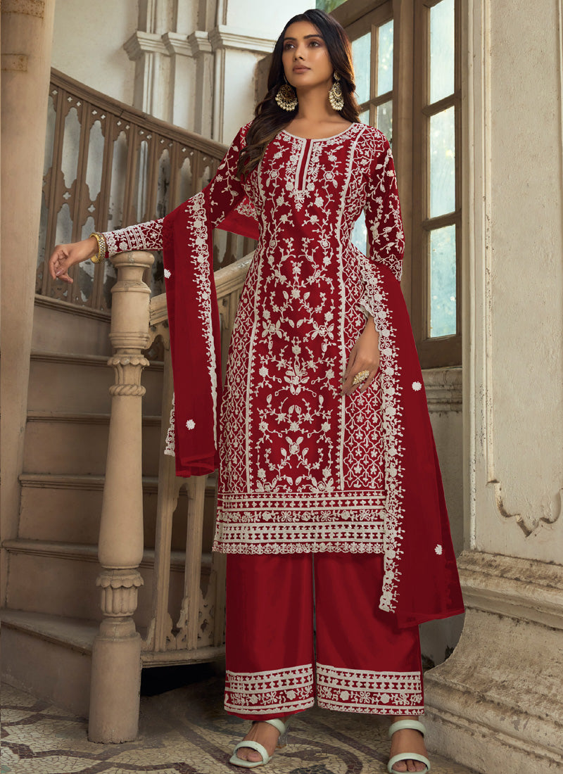 Vegaa Fashion Maroon Premium Net Embroidered Traditional Palazzo Suit - Distacart
