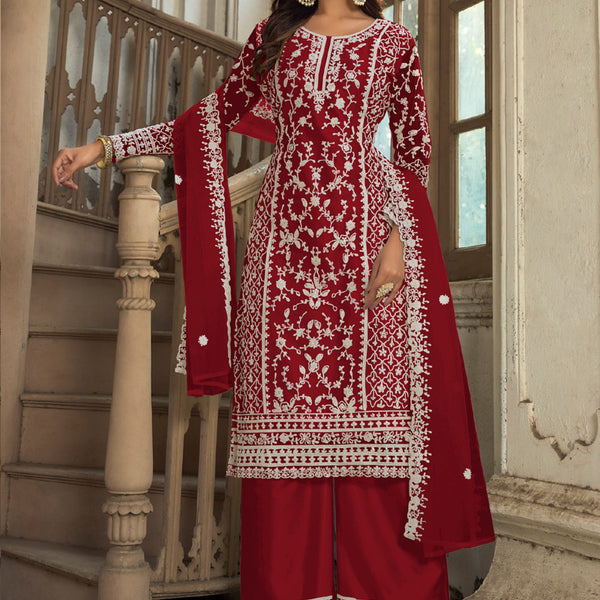 Vegaa Fashion Maroon Premium Net Embroidered Traditional Palazzo Suit - Distacart