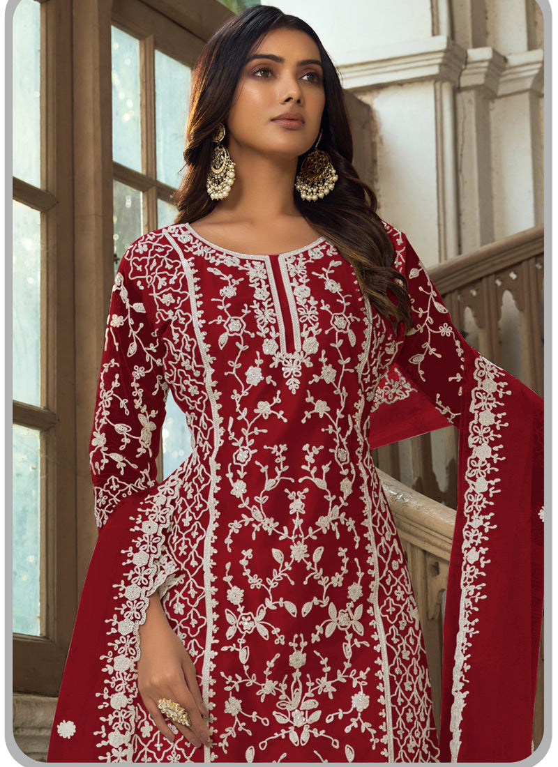 Vegaa Fashion Maroon Premium Net Embroidered Traditional Palazzo Suit - Distacart