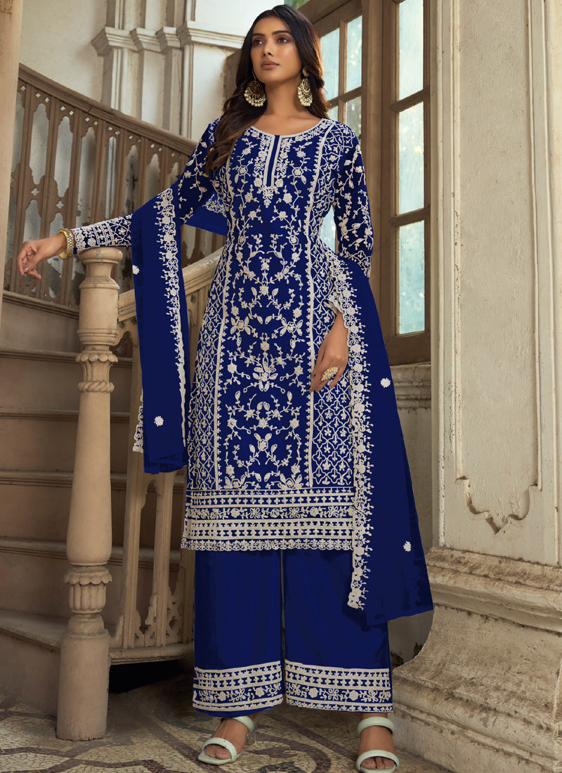 Vegaa Fashion Blue Premium Net Embroidered Traditional Palazzo Suit - Distacart