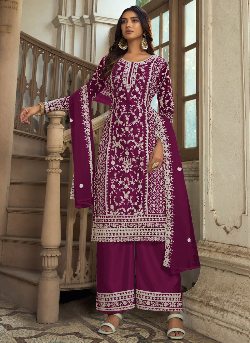 Vegaa Fashion Wine Premium Net Embroidered Traditional Palazzo Suit - Distacart