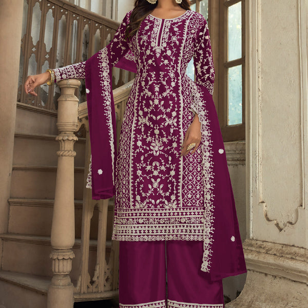 Vegaa Fashion Wine Premium Net Embroidered Traditional Palazzo Suit - Distacart