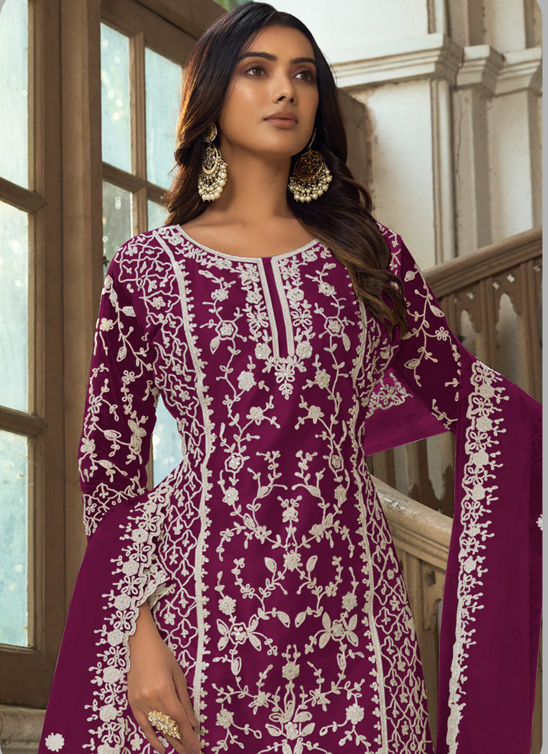 Vegaa Fashion Wine Premium Net Embroidered Traditional Palazzo Suit - Distacart
