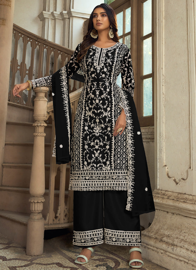 Vegaa Fashion Black Premium Net Embroidered Traditional Palazzo Suit - Distacart