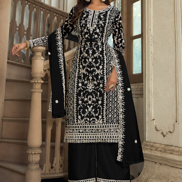 Vegaa Fashion Black Premium Net Embroidered Traditional Palazzo Suit - Distacart