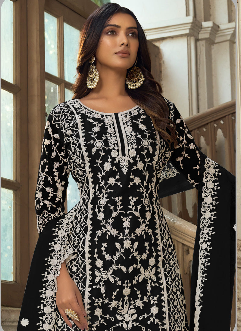 Vegaa Fashion Black Premium Net Embroidered Traditional Palazzo Suit - Distacart