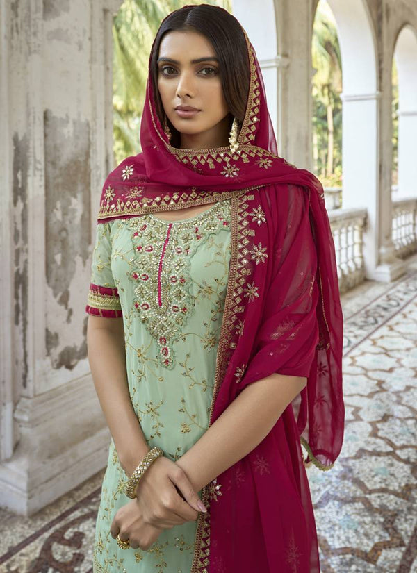 Vegaa Fashion Sea Green Georgette Embroidery Party Wear Palazzo