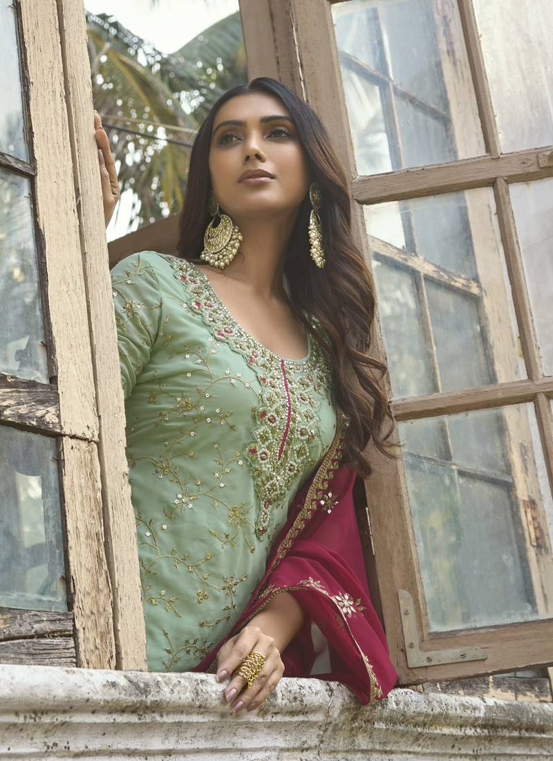 Vegaa Fashion Sea Green Georgette Embroidery Party Wear Palazzo