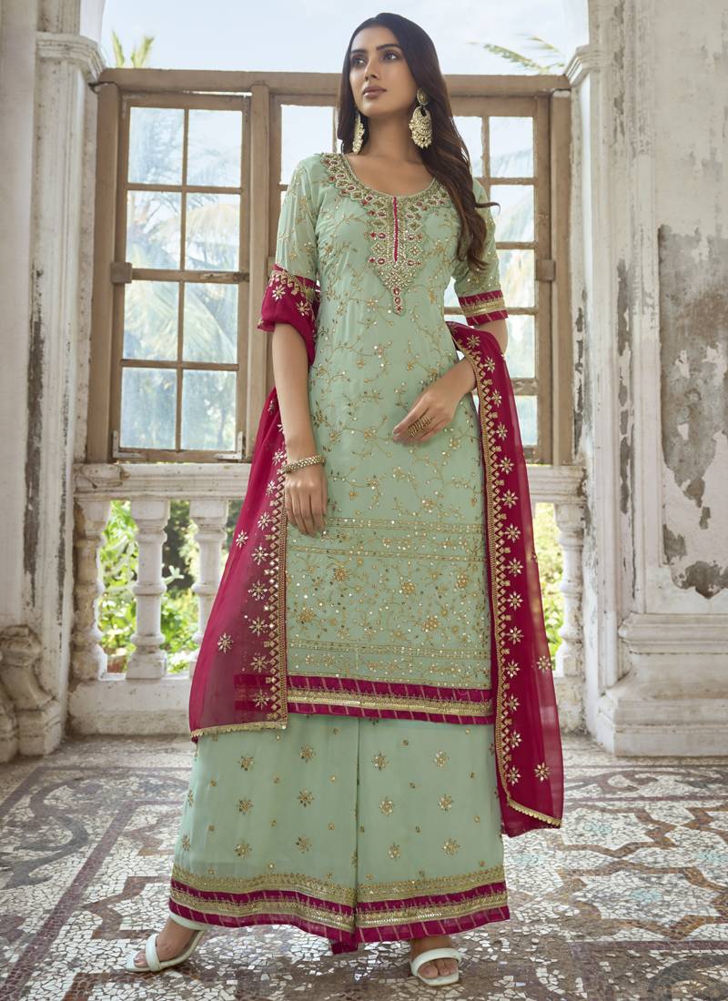 Vegaa Fashion Sea Green Georgette Embroidery Party Wear Palazzo - Distacart