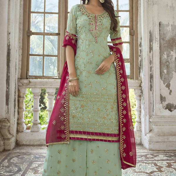 Vegaa Fashion Sea Green Georgette Embroidery Party Wear Palazzo - Distacart