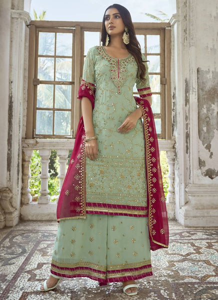 Vegaa Fashion Sea Green Georgette Embroidery Party Wear Palazzo