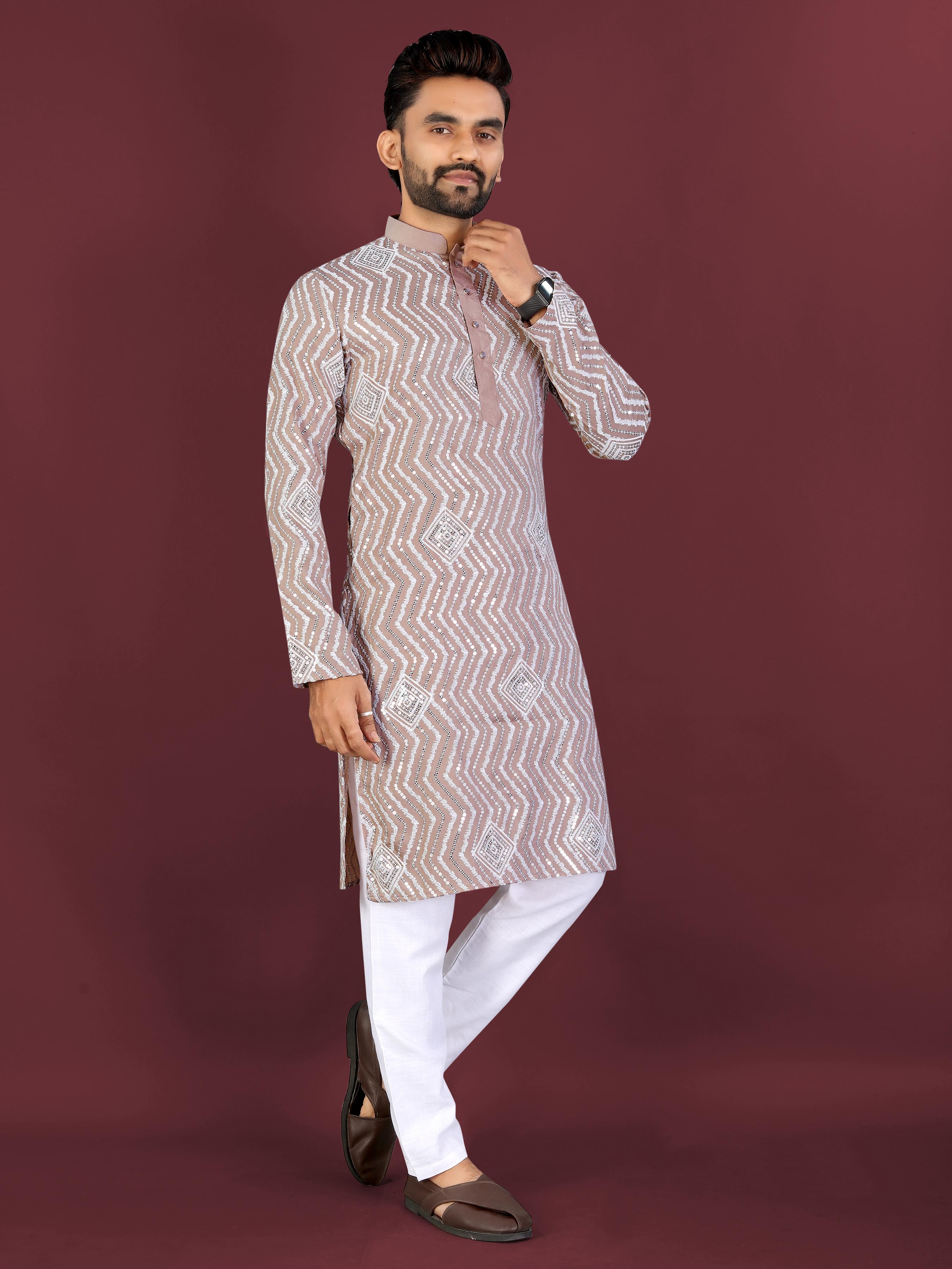 Neera Trendz Brown Soft Silk Embroidered Men's Kurta Pyjama