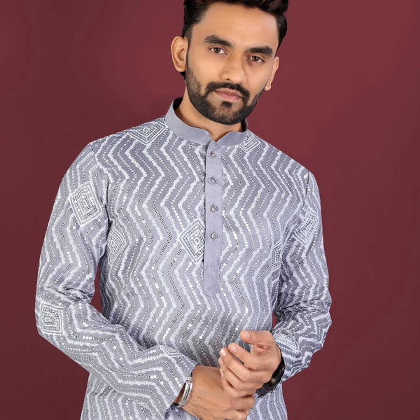 Neera Trendz Grey Soft Silk Embroidered Men's Kurta Pyjama