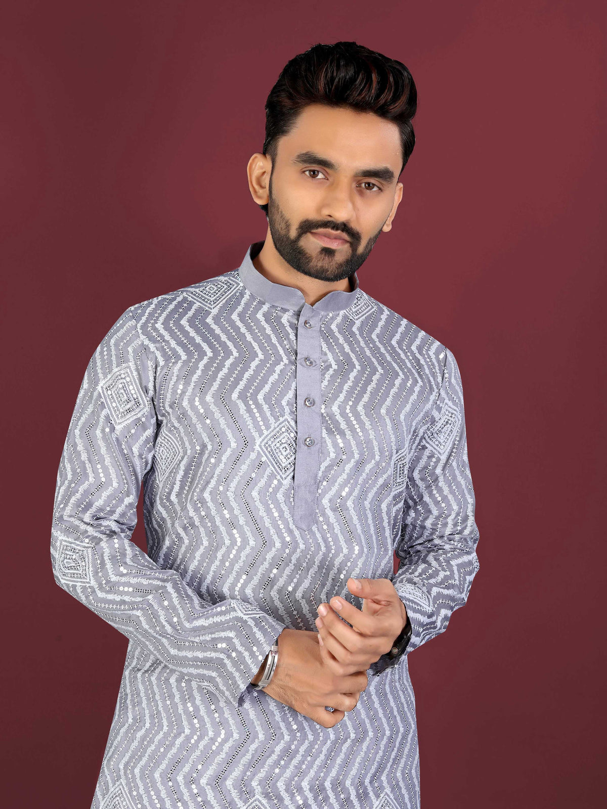 Neera Trendz Grey Soft Silk Embroidered Men's Kurta Pyjama - Distacart
