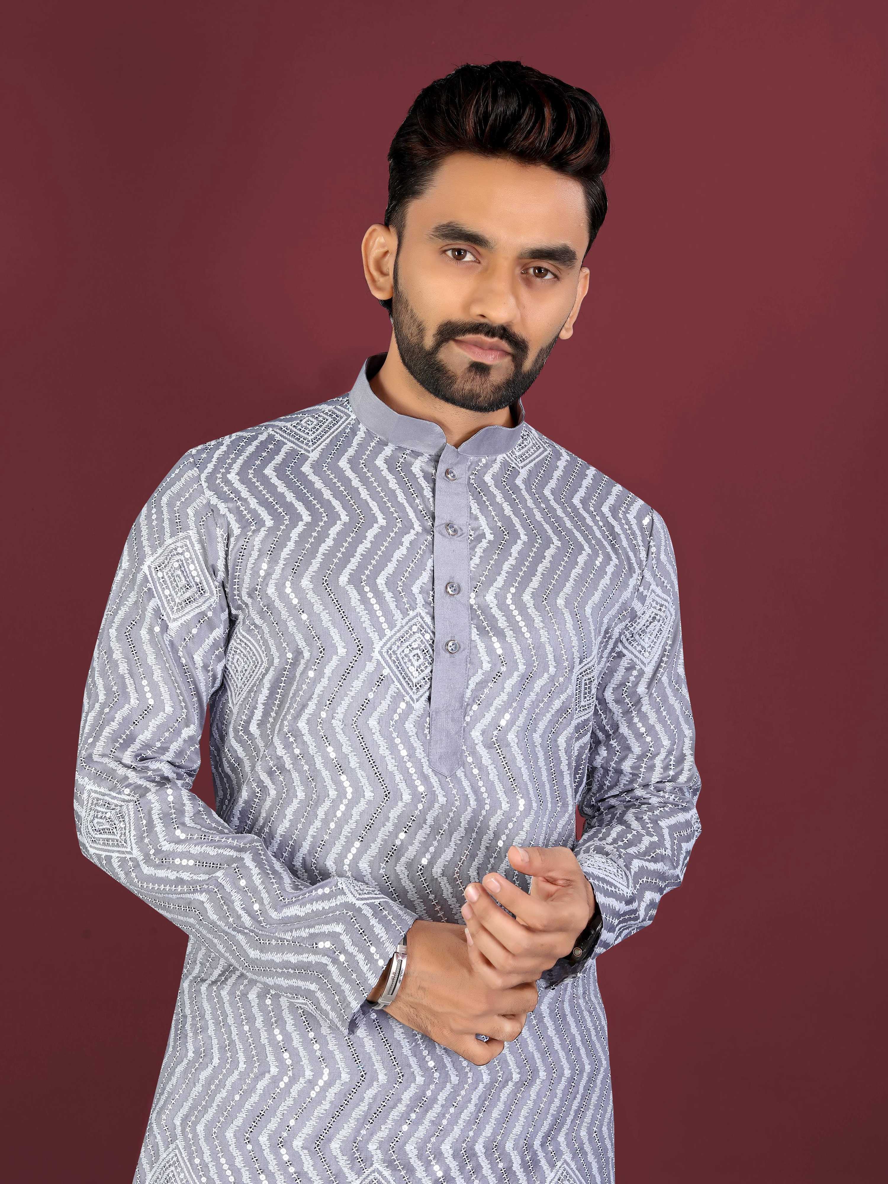 Neera Trendz Grey Soft Silk Embroidered Men's Kurta Pyjama