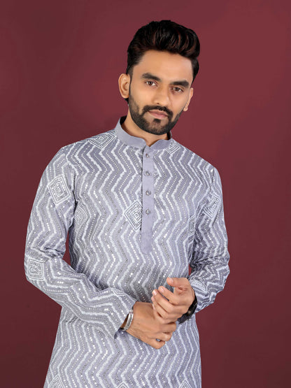Neera Trendz Grey Soft Silk Embroidered Men's Kurta Pyjama - Distacart