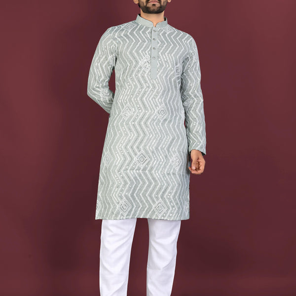 Neera Trendz Light Green Soft Silk Embroidered Men's Kurta Pyjama - Distacart