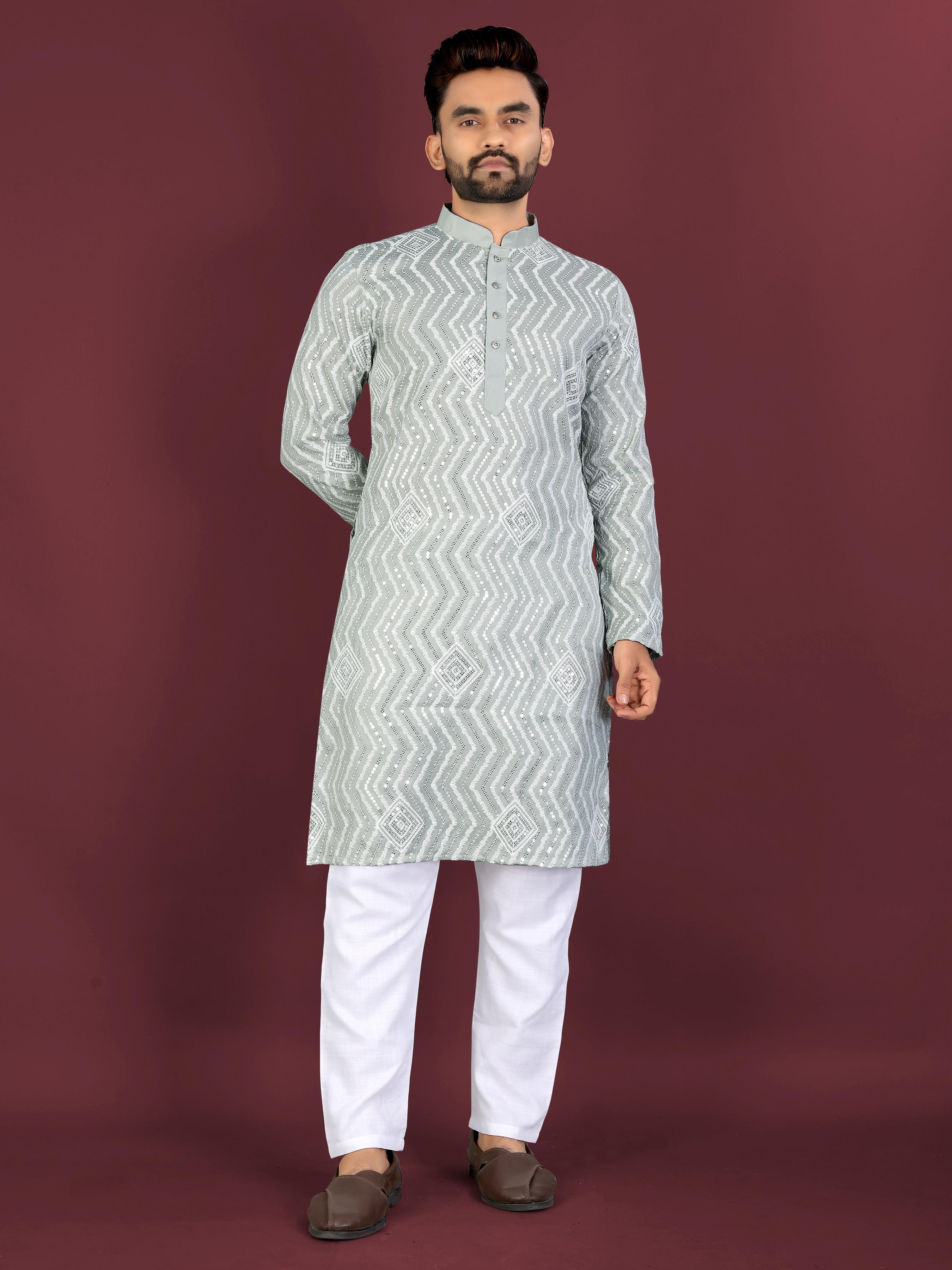 Neera Trendz Light Green Soft Silk Embroidered Men's Kurta Pyjama