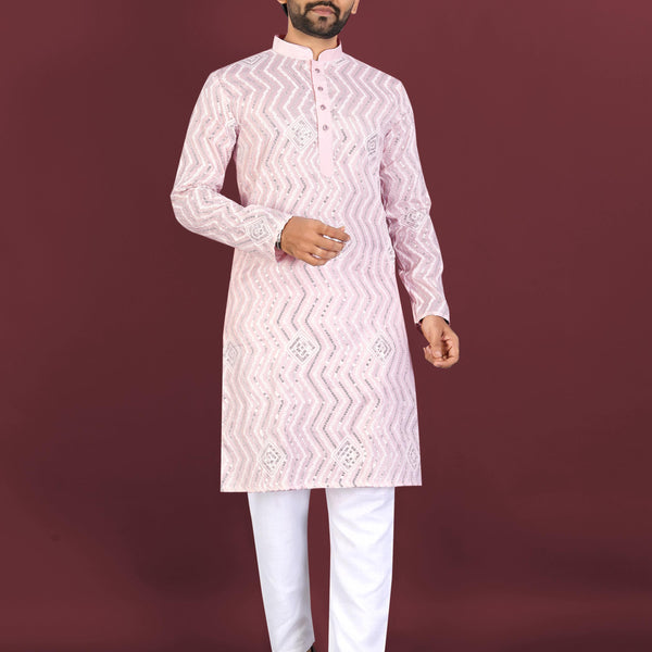Neera Trendz Pink Soft Silk Embroidered Men's Kurta Pyjama - Distacart