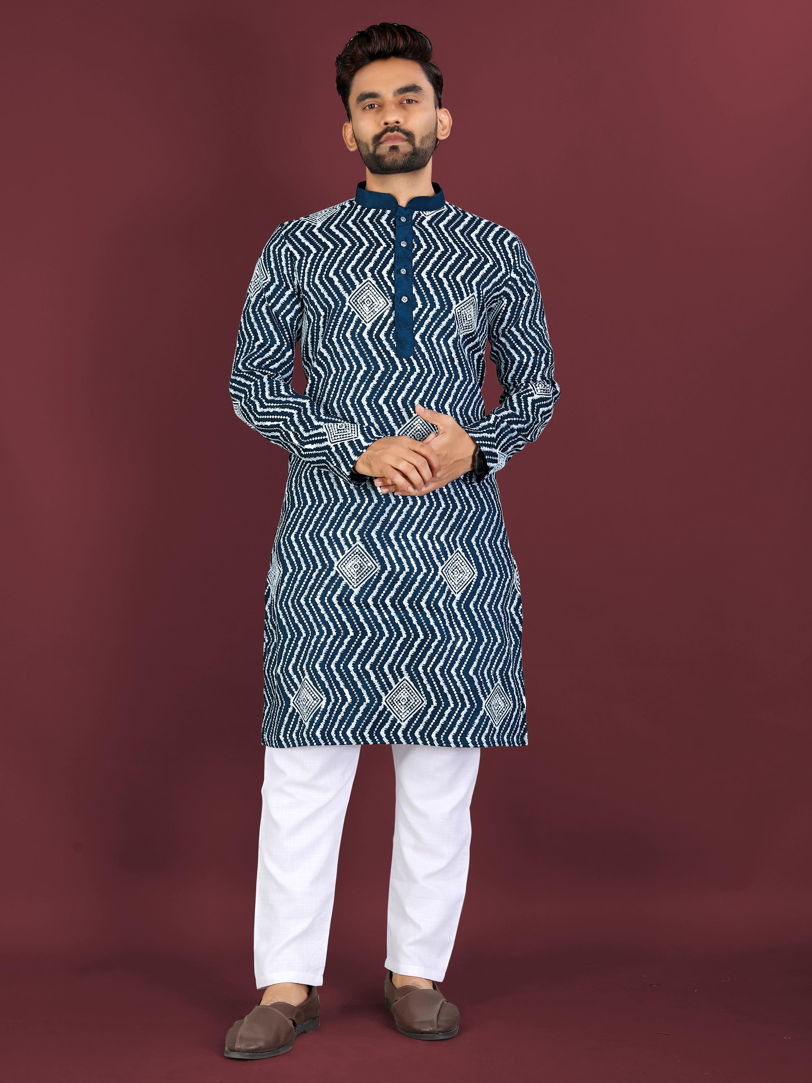 Neera Trendz Teal Soft Silk Embroidered Men's Kurta Pyjama - Distacart