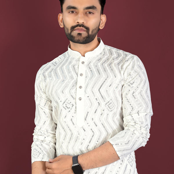 Neera Trendz White Soft Silk Embroidered Men's Kurta Pyjama