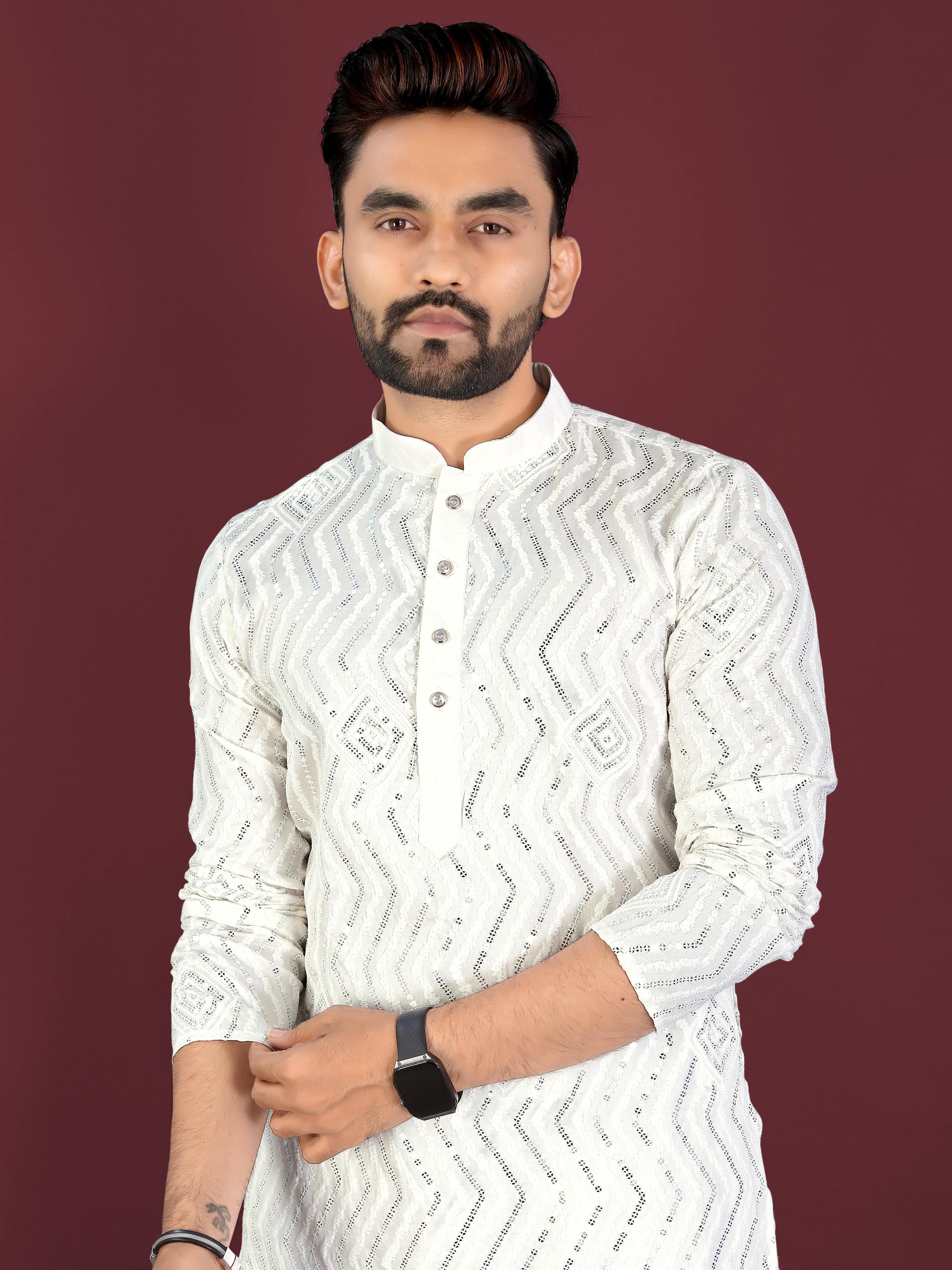 Neera Trendz White Soft Silk Embroidered Men's Kurta Pyjama - Distacart