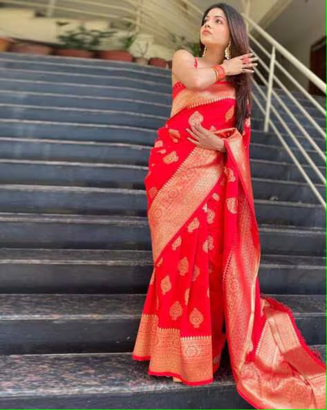 Vamika Weaving Banarasi Jacquard Red Kanjivaram Saree - Distacart