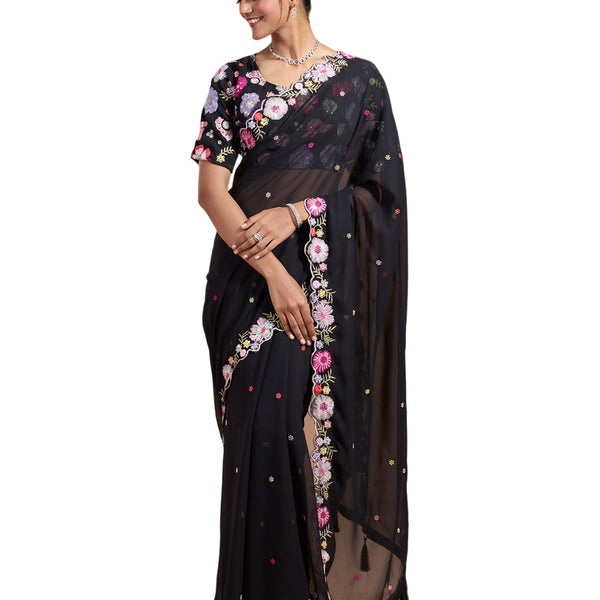 Vamika Embroidery Black Georgette Bollywood Saree - Distacart
