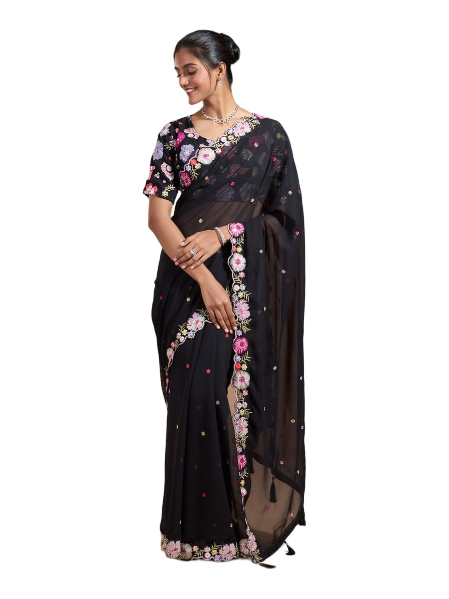 Vamika Embroidery Black Georgette Bollywood Saree - Distacart