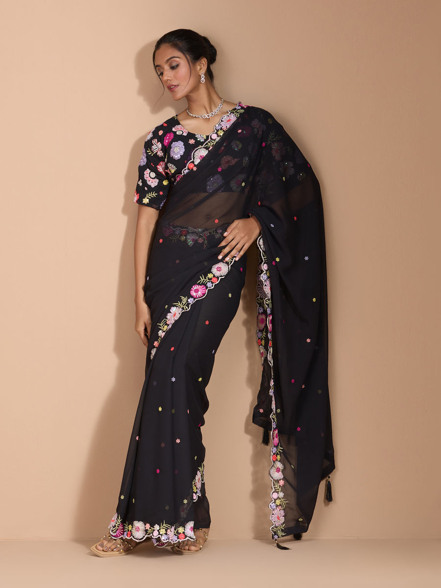 Vamika Embroidery Black Georgette Bollywood Saree - Distacart