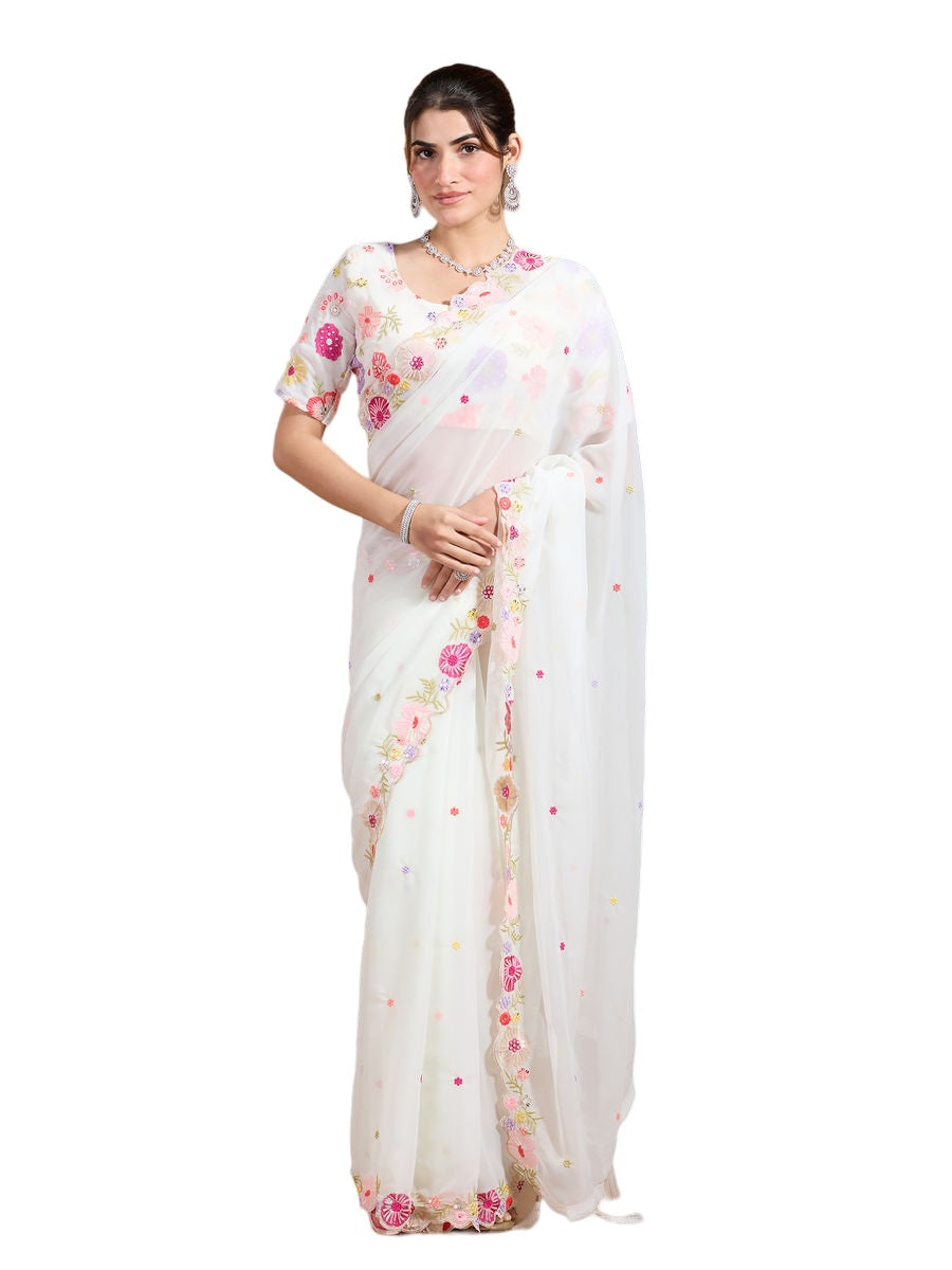 Vamika Embroidery Cream Georgette Bollywood Saree - Distacart