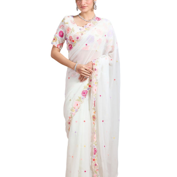 Vamika Embroidery Cream Georgette Bollywood Saree - Distacart