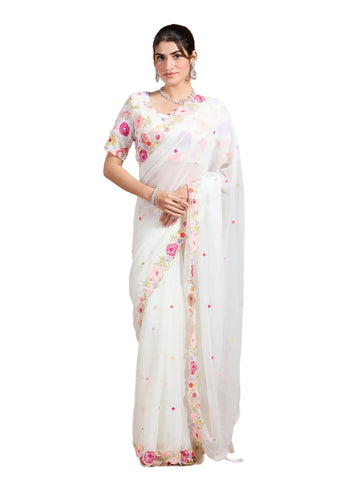 Vamika Embroidery Cream Georgette Bollywood Saree - Distacart