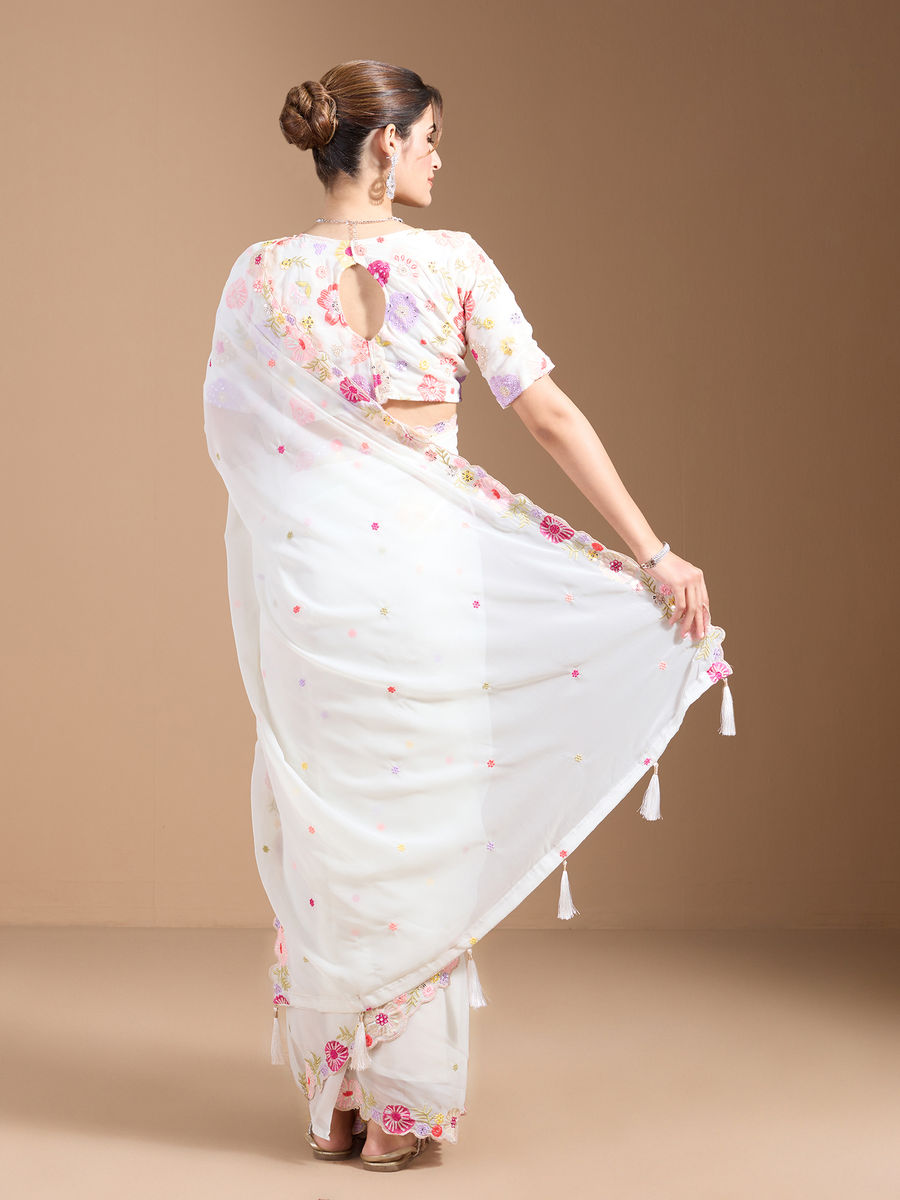 Vamika Embroidery Cream Georgette Bollywood Saree - Distacart