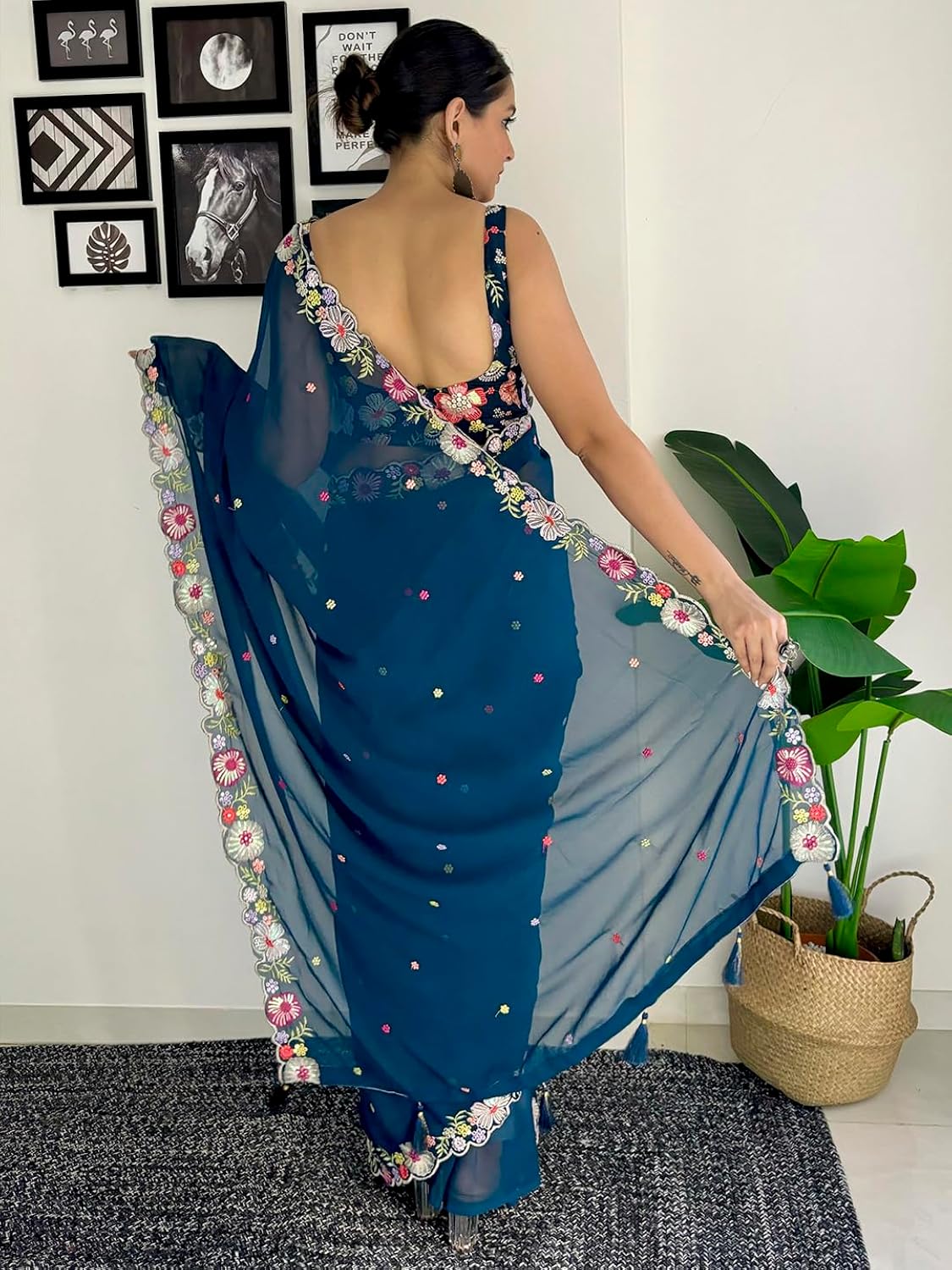 Vamika Embroidery Rama Green Georgette Bollywood Saree - Distacart