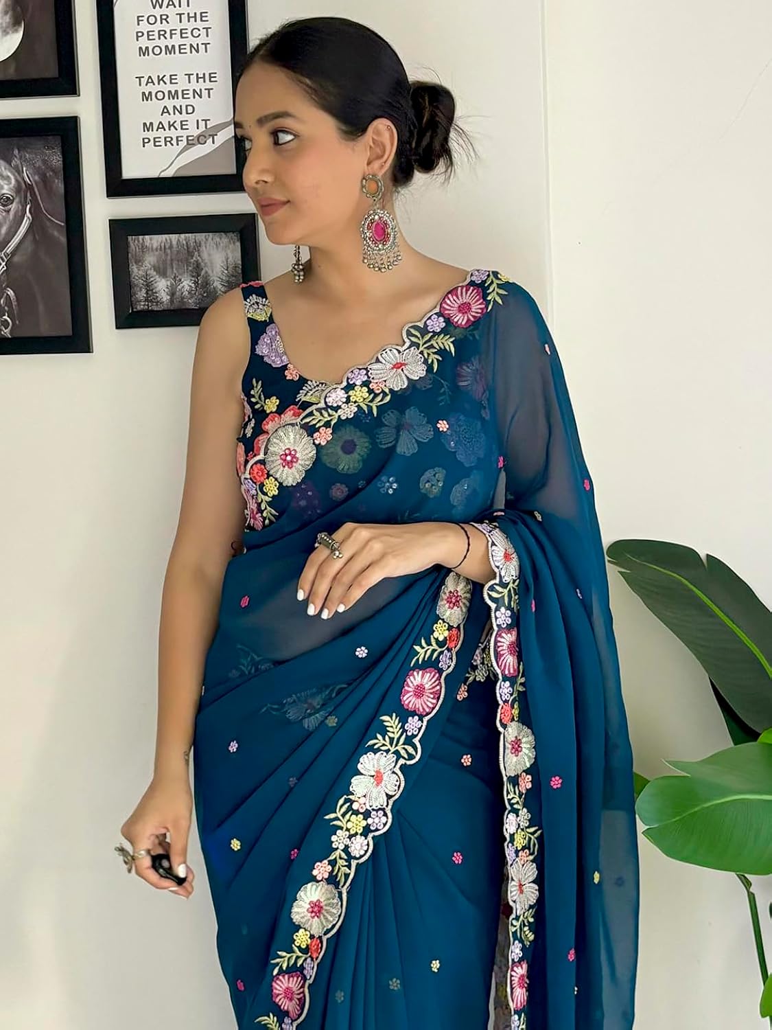 Vamika Embroidery Rama Green Georgette Bollywood Saree - Distacart