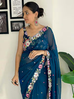 Thumbnail for Vamika Embroidery Rama Green Georgette Bollywood Saree - Distacart
