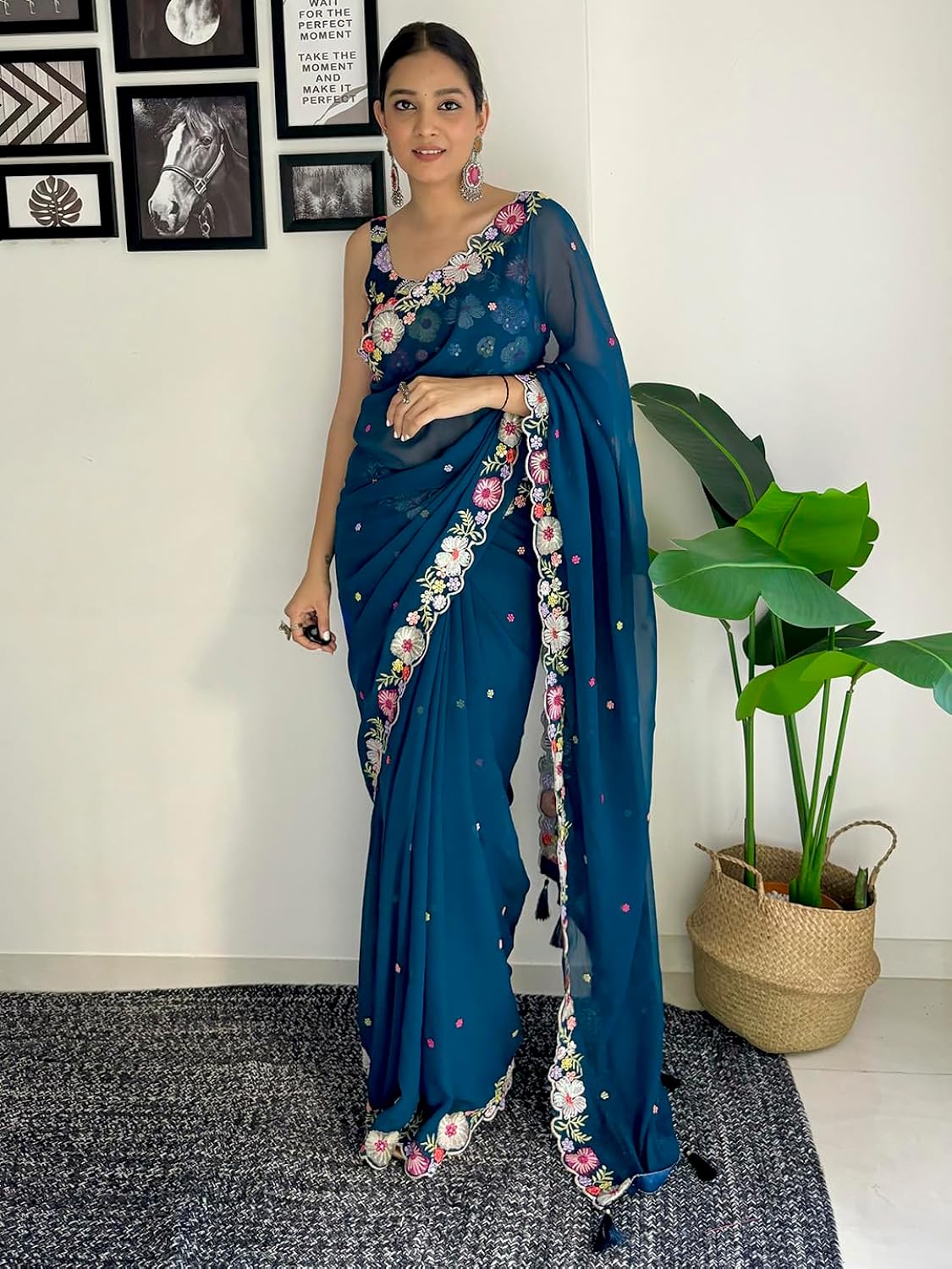 Vamika Embroidery Rama Green Georgette Bollywood Saree - Distacart
