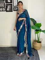Thumbnail for Vamika Embroidery Rama Green Georgette Bollywood Saree - Distacart