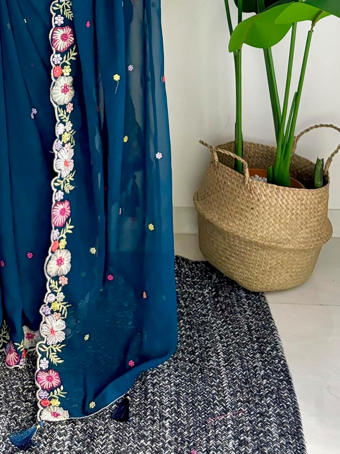 Vamika Embroidery Rama Green Georgette Bollywood Saree - Distacart