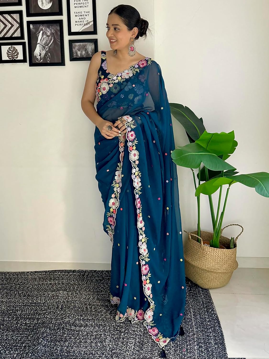 Vamika Embroidery Rama Green Georgette Bollywood Saree - Distacart