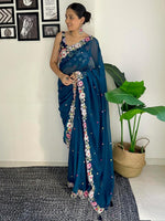 Thumbnail for Vamika Embroidery Rama Green Georgette Bollywood Saree - Distacart