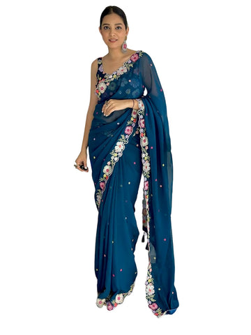 Vamika Embroidery Rama Green Georgette Bollywood Saree - Distacart